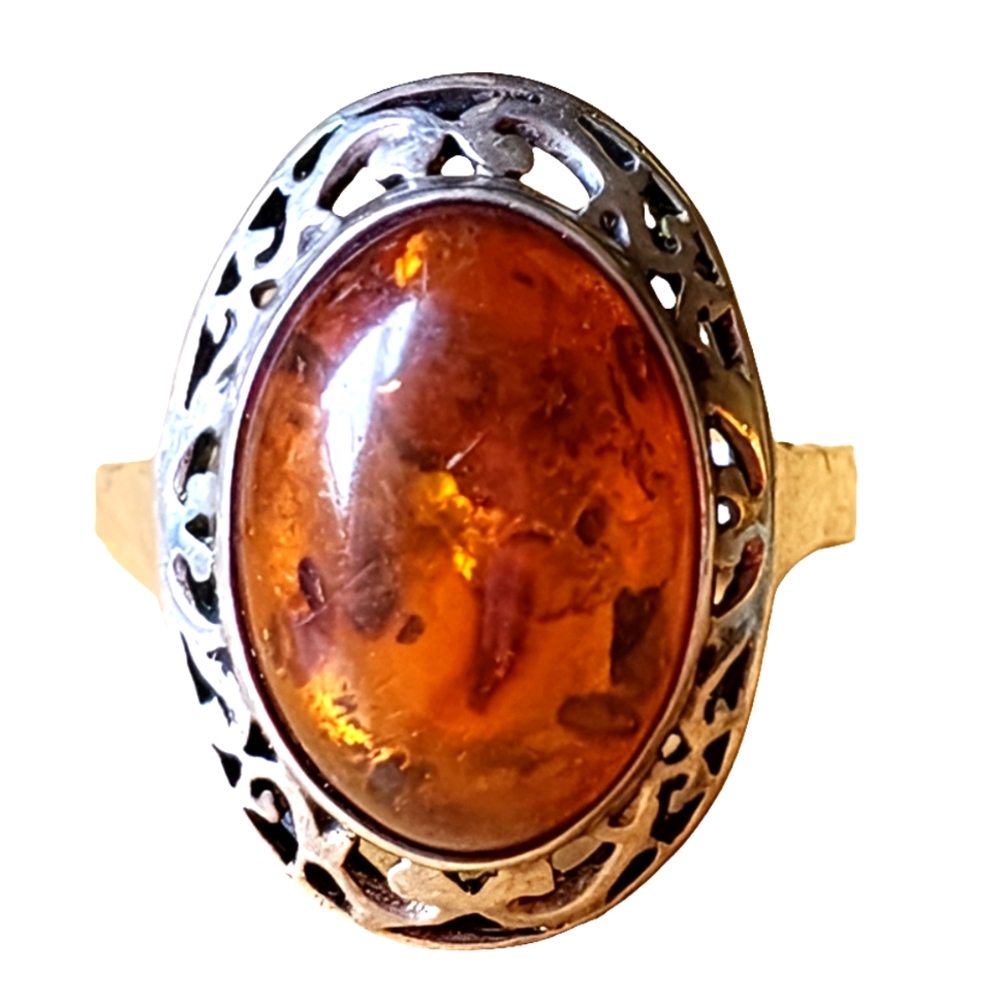 Vintage Baltic Cognac Amber Sterling Silver 925 Filigree Statement Ring Artist